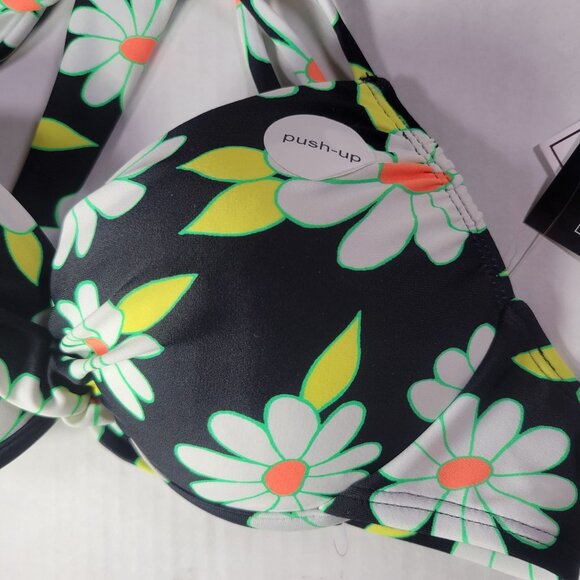 Salt + Cove Black Floral Daisy Push-Up Bikini Top With Tie Straps Size S - Picture 2 of 4